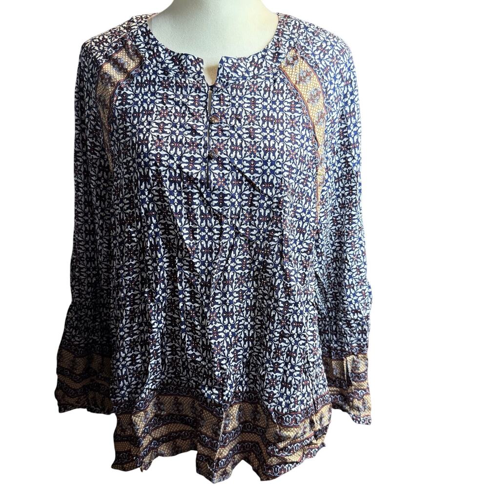 TYLHO Boho Peasant Blouse, Navy Print, Long Sleeve Pullover Top, Size Medium